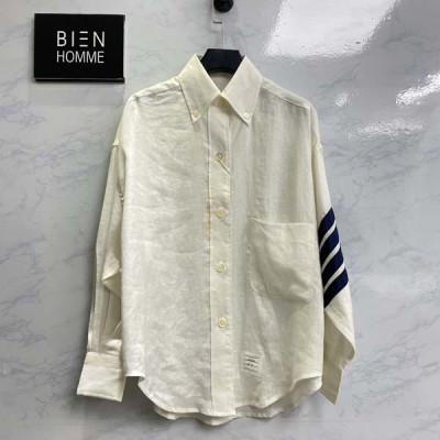 톰*라운 화이트 린넨 오버사이즈 4-바 버튼다운 셔츠 (PREMIUM)