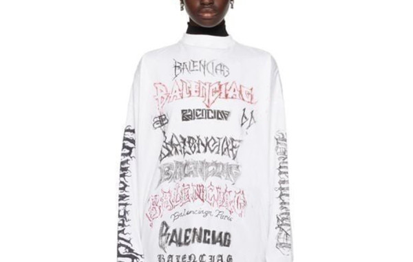 남녀공용 발렌시A가 그래피티 워싱 롱 슬리브 티셔츠